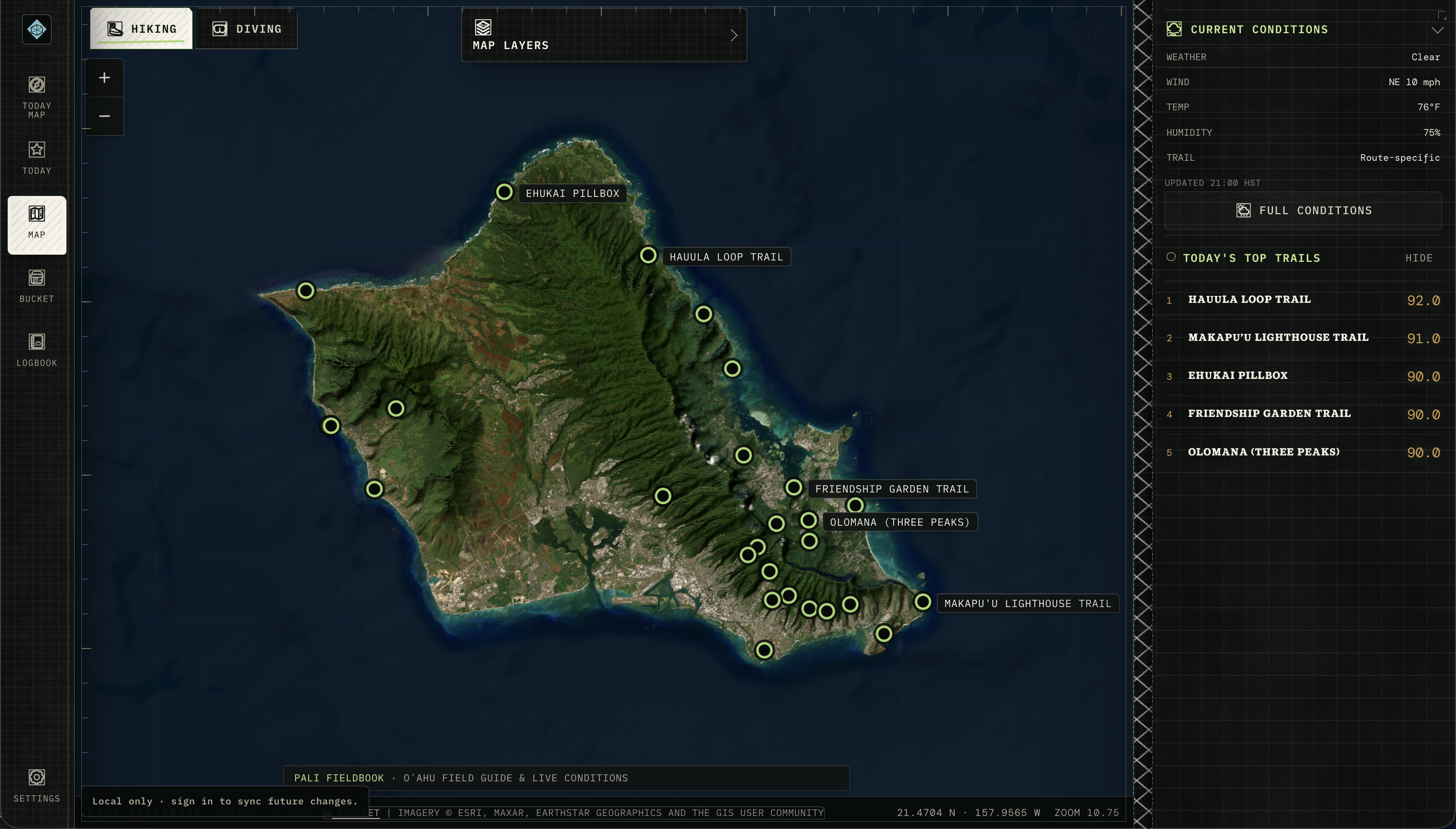 Pali Fieldbook Oʻahu map with hiking locations and current conditions